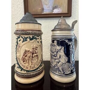 Vintage German Beer Steins Pair – Ceramic with Pewter Lids – Zodiac Design – Mad